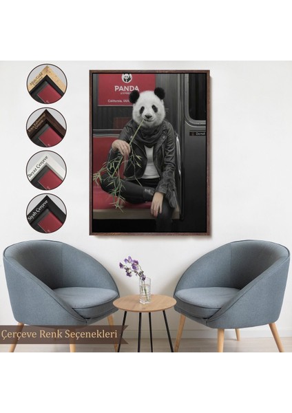 Beyaz Çerçeveli Gerçek Metroda Panda Başlı Insan Kanvas Tablo