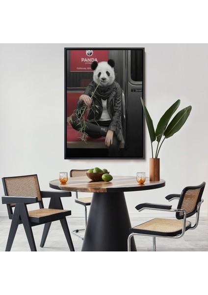 Beyaz Çerçeveli Gerçek Metroda Panda Başlı Insan Kanvas Tablo