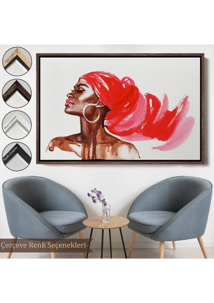 Kahverengi Çerçeveli Afrikalı Kadın Suluboya Görünüm Dekoratif Kanvas Duvar Tablosu