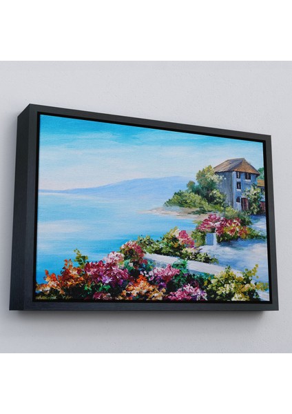Altın Çerçeveli Rengarenk Çiçekler Arasındaki Deniz Manzaralı Ev Duvar Tablosu fiyatları