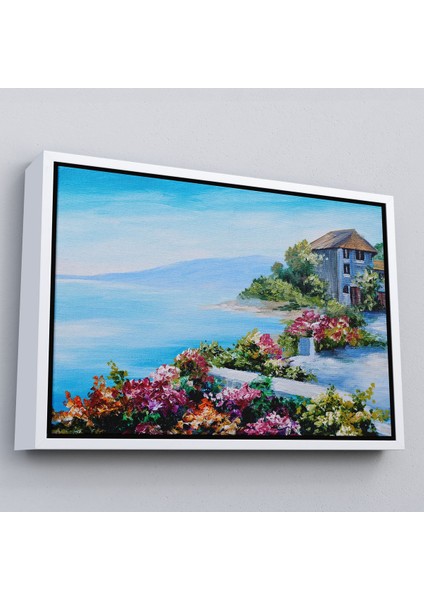 Altın Çerçeveli Rengarenk Çiçekler Arasındaki Deniz Manzaralı Ev Duvar Tablosu modelleri