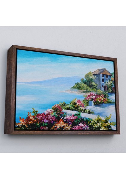 Altın Çerçeveli Rengarenk Çiçekler Arasındaki Deniz Manzaralı Ev Duvar Tablosu fırsatları