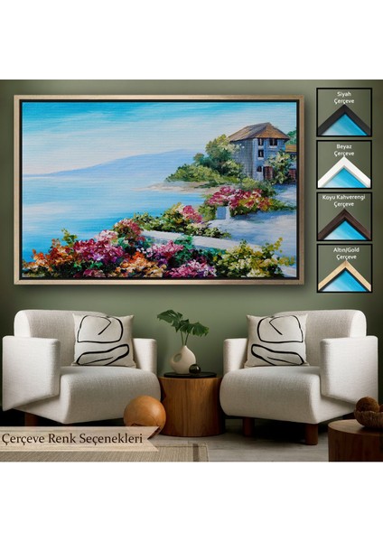 Altın Çerçeveli Rengarenk Çiçekler Arasındaki Deniz Manzaralı Ev Duvar Tablosu