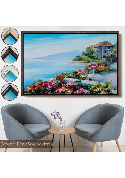Altın Çerçeveli Rengarenk Çiçekler Arasındaki Deniz Manzaralı Ev Duvar Tablosu
