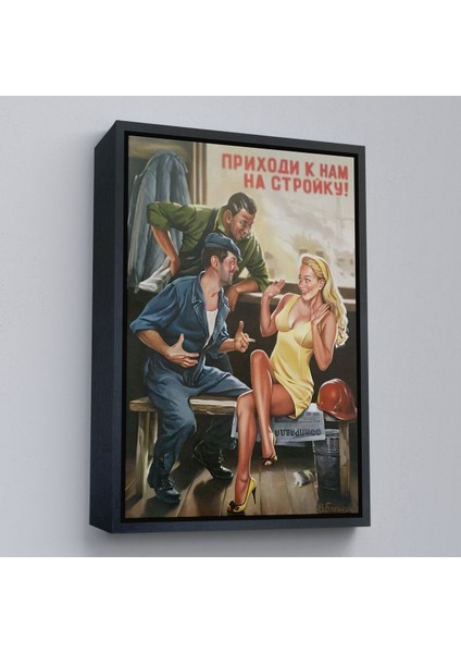 Siyah Çerçeveli Sovyet Dönemi Işçiler ve Sarışın Kadın Duvar Tablosu