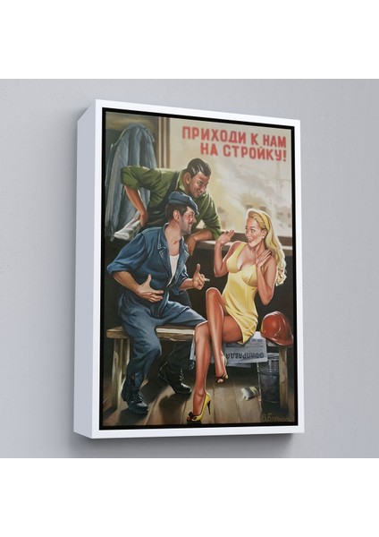 Siyah Çerçeveli Sovyet Dönemi Işçiler ve Sarışın Kadın Duvar Tablosu fiyatları