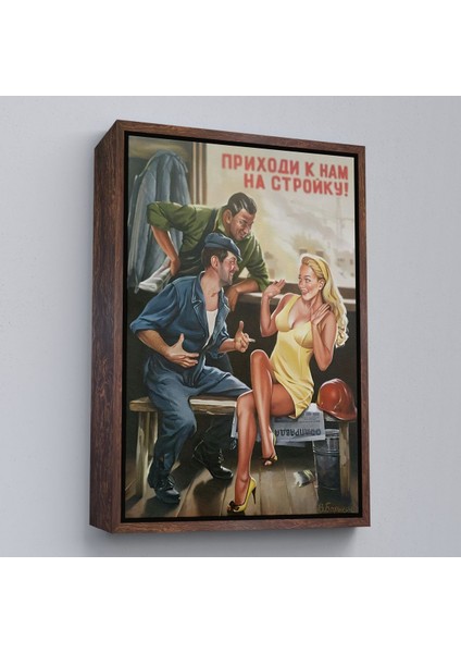 Siyah Çerçeveli Sovyet Dönemi Işçiler ve Sarışın Kadın Duvar Tablosu modelleri