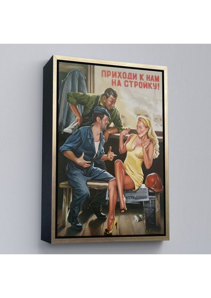 Siyah Çerçeveli Sovyet Dönemi Işçiler ve Sarışın Kadın Duvar Tablosu fırsatları