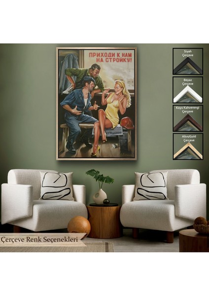 Siyah Çerçeveli Sovyet Dönemi Işçiler ve Sarışın Kadın Duvar Tablosu