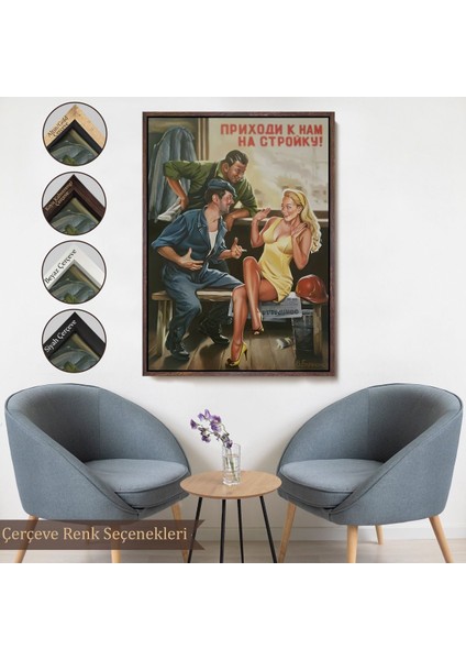 Siyah Çerçeveli Sovyet Dönemi Işçiler ve Sarışın Kadın Duvar Tablosu