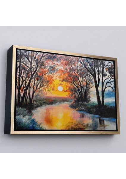 Beyaz Çerçeveli Kış Mevsiminde Karlı Bir Nehir Manzarası Duvar Tablosu modelleri