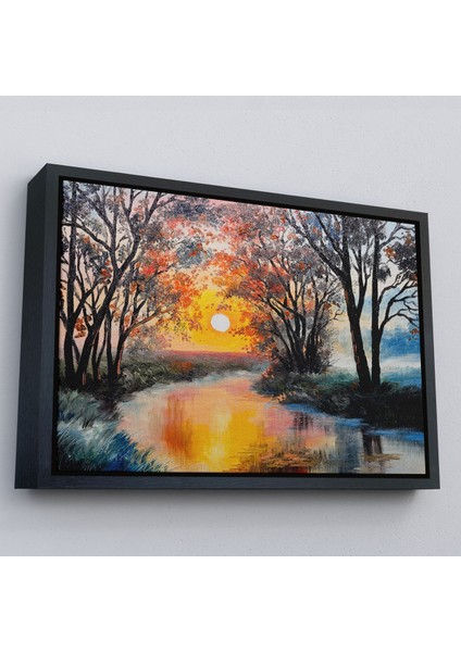 Beyaz Çerçeveli Kış Mevsiminde Karlı Bir Nehir Manzarası Duvar Tablosu fırsatları