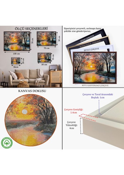 Beyaz Çerçeveli Kış Mevsiminde Karlı Bir Nehir Manzarası Duvar Tablosu indirimleri