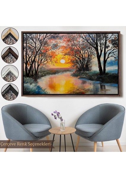 Beyaz Çerçeveli Kış Mevsiminde Karlı Bir Nehir Manzarası Duvar Tablosu