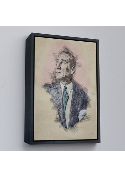 Siyah Çerçeveli Mustafa Kemal Atatürk'ün Kalem Eskizi Portre Çizimi Dekoratif Kanvas Tablo