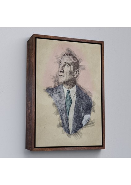 Siyah Çerçeveli Mustafa Kemal Atatürk'ün Kalem Eskizi Portre Çizimi Dekoratif Kanvas Tablo modelleri