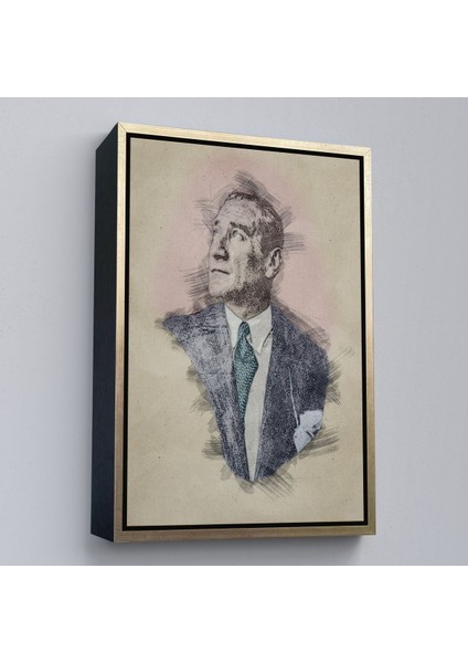Siyah Çerçeveli Mustafa Kemal Atatürk'ün Kalem Eskizi Portre Çizimi Dekoratif Kanvas Tablo fırsatları
