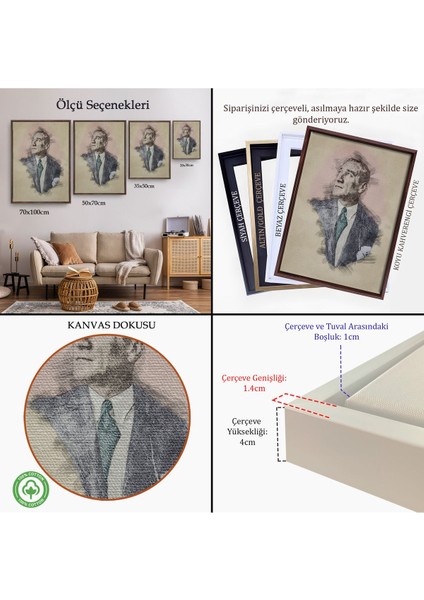 Siyah Çerçeveli Mustafa Kemal Atatürk'ün Kalem Eskizi Portre Çizimi Dekoratif Kanvas Tablo indirimleri