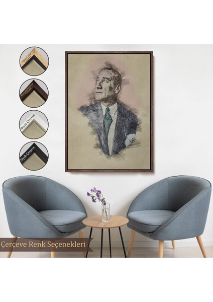Siyah Çerçeveli Mustafa Kemal Atatürk'ün Kalem Eskizi Portre Çizimi Dekoratif Kanvas Tablo
