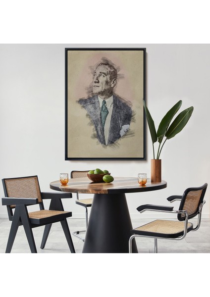 Siyah Çerçeveli Mustafa Kemal Atatürk'ün Kalem Eskizi Portre Çizimi Dekoratif Kanvas Tablo