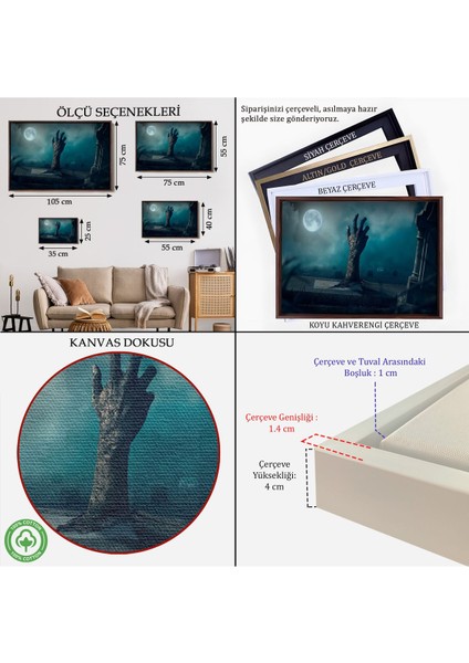 Çerçeveli Mezarlık Dirilmiş El Cadılar Bayramı Mezardan Çıkan El Dekoratif Duvar TABLOSU-5204 indirimleri