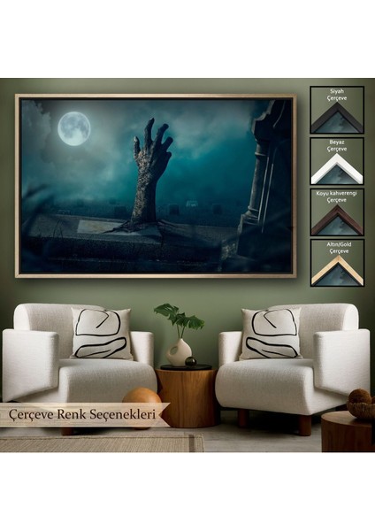 Çerçeveli Mezarlık Dirilmiş El Cadılar Bayramı Mezardan Çıkan El Dekoratif Duvar TABLOSU-5204