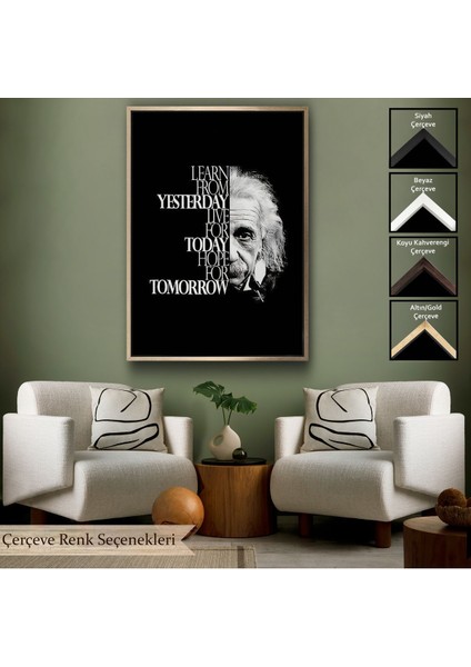 Beyaz Çerçeveli Dünden Öğrenin Bugünü Yaşayın Yarını Umut Edin Kanvas Tablo, Albert Einstein