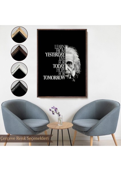 Beyaz Çerçeveli Dünden Öğrenin Bugünü Yaşayın Yarını Umut Edin Kanvas Tablo, Albert Einstein