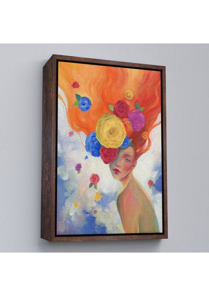 Siyah Çerçeveli Çiçek Saçlı Kadın Yağlıboya Görünüm Dekoratif Kanvas Duvar Tablosu modelleri