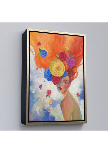 Siyah Çerçeveli Çiçek Saçlı Kadın Yağlıboya Görünüm Dekoratif Kanvas Duvar Tablosu fırsatları