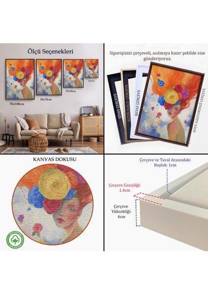 Siyah Çerçeveli Çiçek Saçlı Kadın Yağlıboya Görünüm Dekoratif Kanvas Duvar Tablosu indirimleri