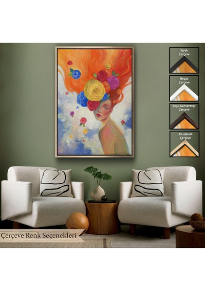 Siyah Çerçeveli Çiçek Saçlı Kadın Yağlıboya Görünüm Dekoratif Kanvas Duvar Tablosu