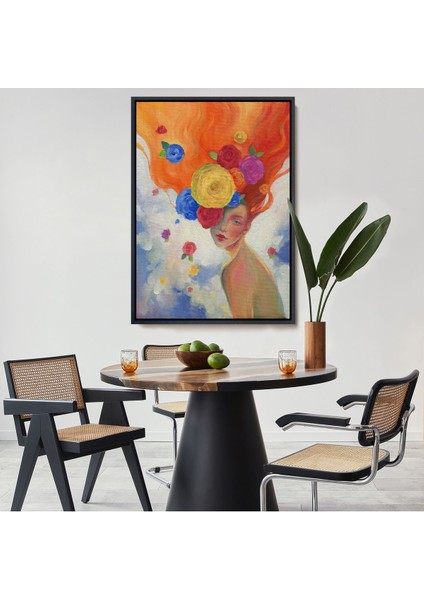 Siyah Çerçeveli Çiçek Saçlı Kadın Yağlıboya Görünüm Dekoratif Kanvas Duvar Tablosu