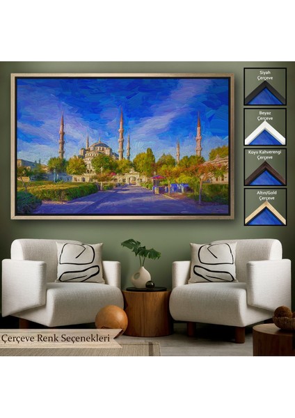 Altın Çerçeveli Sultan Ahmet Camii Yağlıboya Görünüm Kanvas Tablo