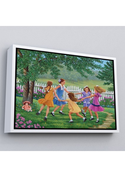 Beyaz Çerçeveli Bahçede Oynayan Kız Çocukları Tablosu