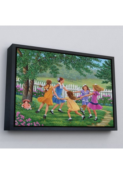 Beyaz Çerçeveli Bahçede Oynayan Kız Çocukları Tablosu fırsatları