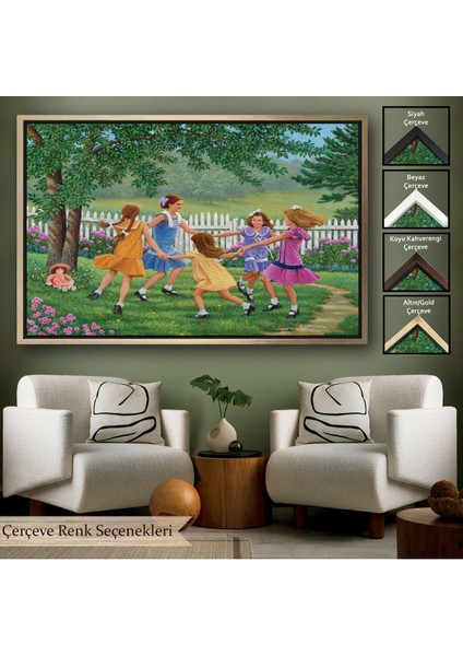 Beyaz Çerçeveli Bahçede Oynayan Kız Çocukları Tablosu