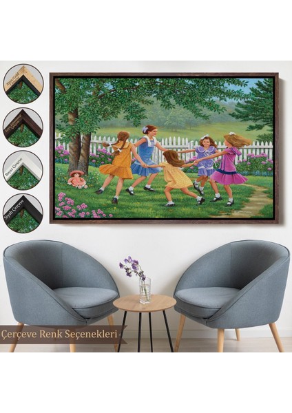 Beyaz Çerçeveli Bahçede Oynayan Kız Çocukları Tablosu