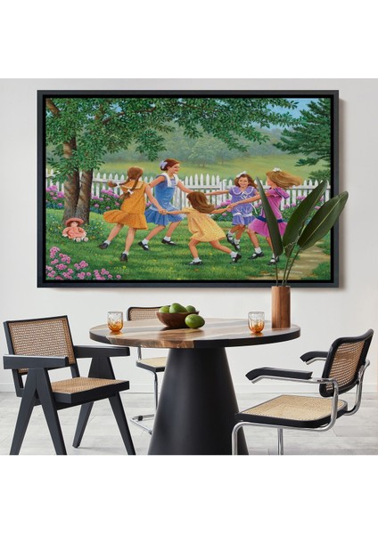 Beyaz Çerçeveli Bahçede Oynayan Kız Çocukları Tablosu