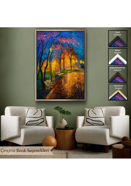 Beyaz Çerçeveli Moskova Parkta Gece Manzarası Kanvas Tablo