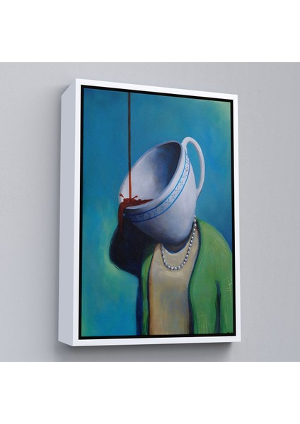 Beyaz Çerçeveli Kahve Tiryakisi Kadın Dekoratif Duvar Tablosu