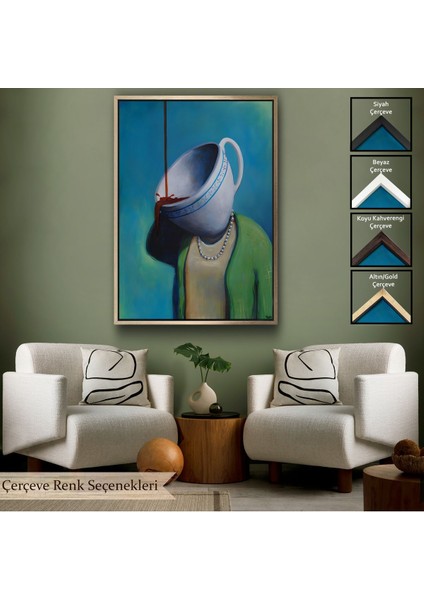 Beyaz Çerçeveli Kahve Tiryakisi Kadın Dekoratif Duvar Tablosu