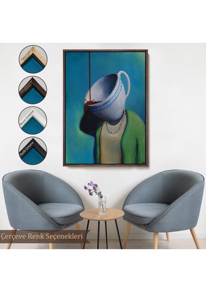 Beyaz Çerçeveli Kahve Tiryakisi Kadın Dekoratif Duvar Tablosu