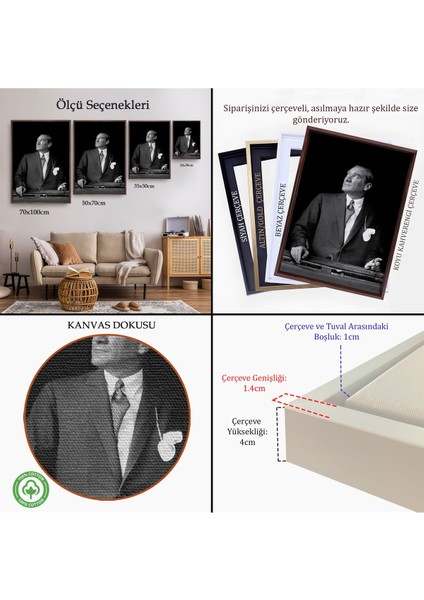 Kahverengi Çerçeveli Atatürk Portre Tablosu Mustafa Kemal Atatürk Dikdörtgen Dekoratif Kanvas Tablo indirimleri