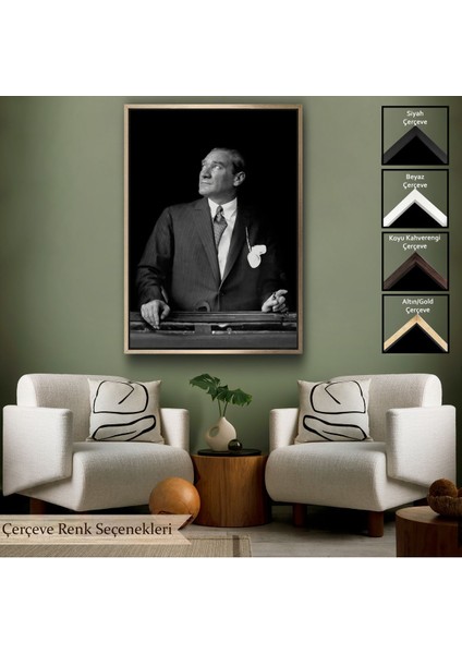 Kahverengi Çerçeveli Atatürk Portre Tablosu Mustafa Kemal Atatürk Dikdörtgen Dekoratif Kanvas Tablo
