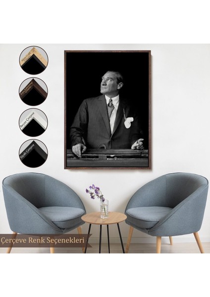 Kahverengi Çerçeveli Atatürk Portre Tablosu Mustafa Kemal Atatürk Dikdörtgen Dekoratif Kanvas Tablo