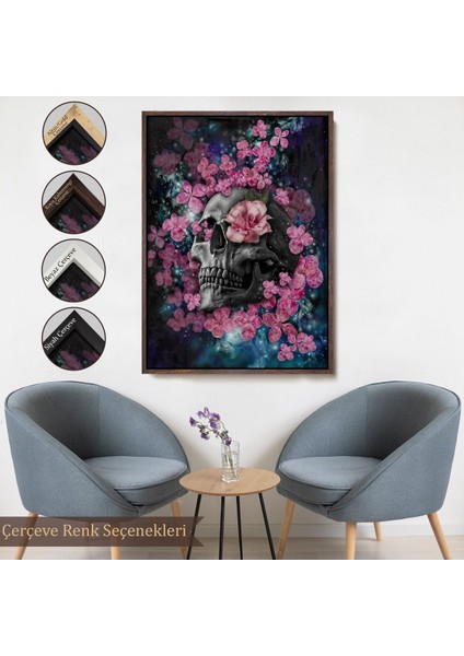 Beyaz Çerçeveli Iskelet Kafa ve Pembe Çiçekler Kanvas Tablo Duvar Sanatı