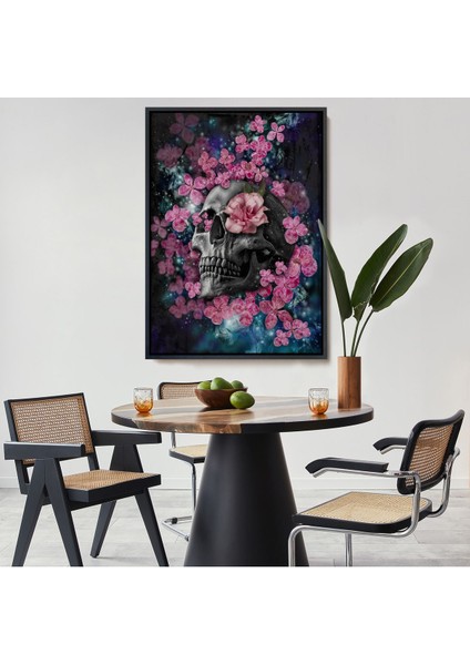 Beyaz Çerçeveli Iskelet Kafa ve Pembe Çiçekler Kanvas Tablo Duvar Sanatı