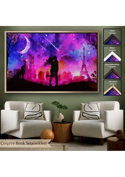 Siyah Çerçeveli Eyfel Kulesi Önünde Öpüşen Çift Duvar Tablosu