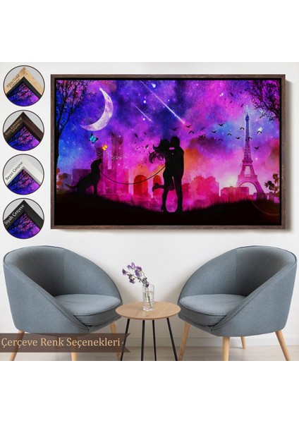 Siyah Çerçeveli Eyfel Kulesi Önünde Öpüşen Çift Duvar Tablosu